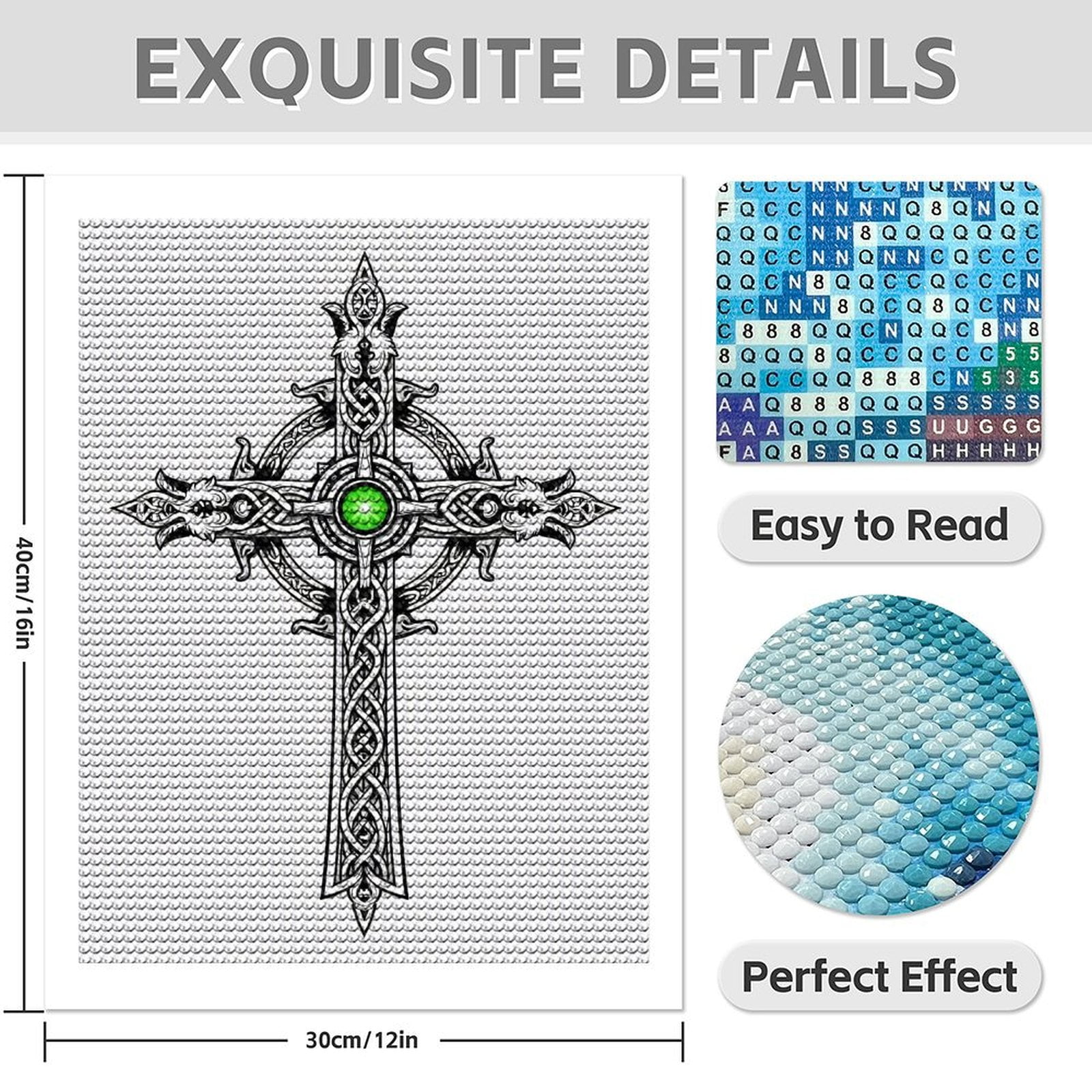 Diamond Art Kit for Adults, Celtic Knotwork Cross Green Gem Diamond Painting for Adults Beginners, 5D DIY Diamond Art Painting Kits, Colorful Diamond Painting Craft for Home Decor 12x16