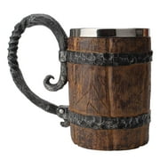 Vintage Beer Mug, 650ml Imitation Wood Stainless Steel Cup with Handle, Double Layer Beer Stein Mug for Home