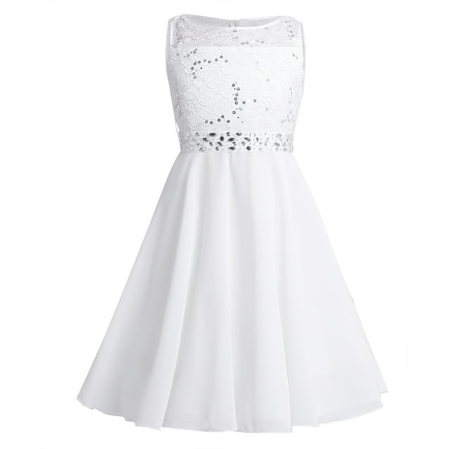 Yanarno Robe en Dentelle Florale pour Enfants Filles Robe de Mariage Concours Anniversaire Robe de Fête à Sequins Brillants Robe de Bal Ivoire 12