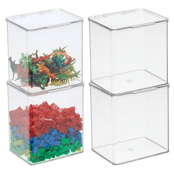 mDesign Plastic Playroom/Gaming Storage Organizer Box, Hinge Lid, 4 Pack, Clear