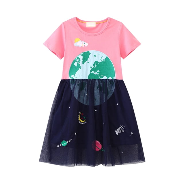 WEAIXIMIUNG Robes de Bal pour Adolescentes avec Manches Robe de Dessin Animé pour Filles Robe de Fête avec Appliqué Motif Planète Espace Vêtements Décontractés à Manches Courtes pour Enfants 12-24 Mois