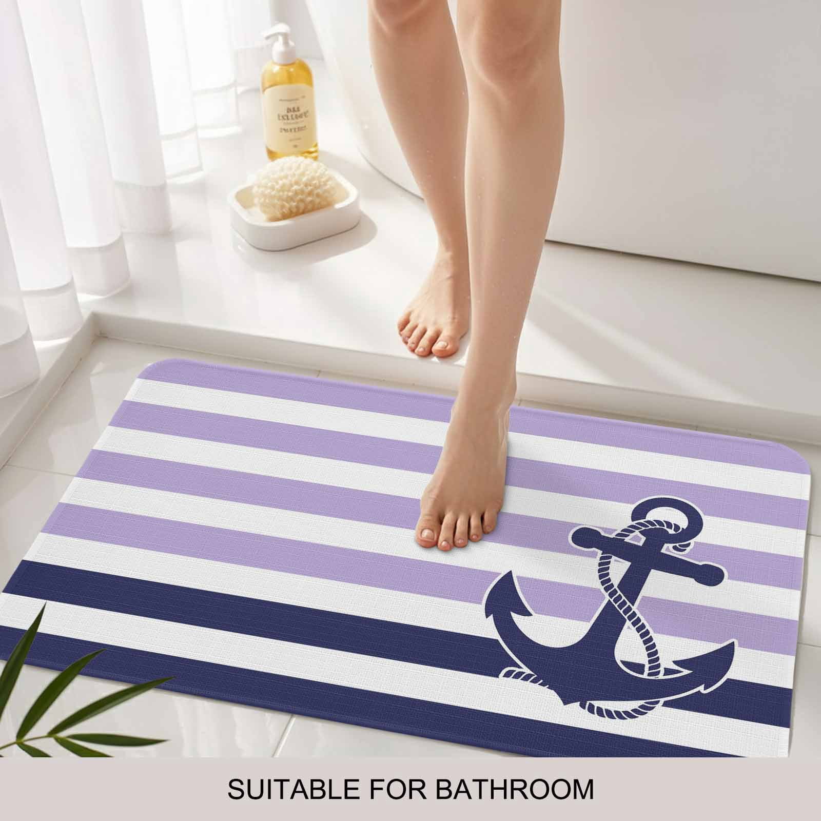 Anchor Purple Doormat Outdoor Entrance 24"x36", Modern Navy Blue White Striped Nautical Absorb Moisture Dirt Door Mats, Non-Slip Rubber Backing Floor Mats Indoor, Low-Profile Front Door Rugs
