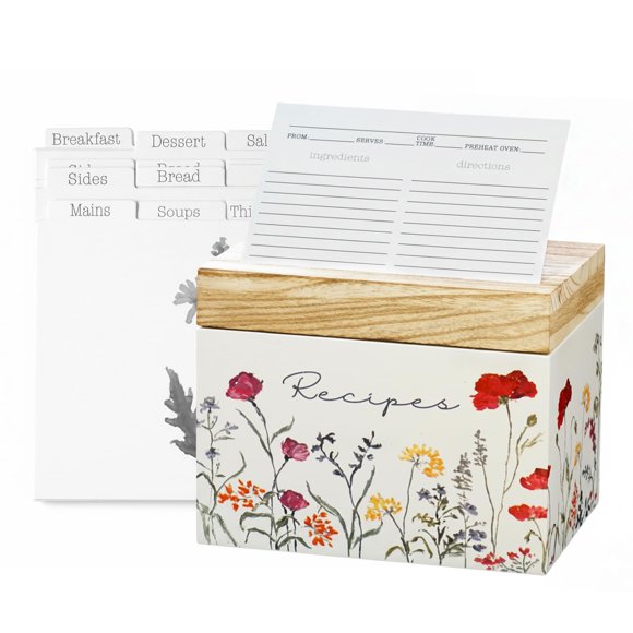 Caja para recetas SENSORY4U de madera con diseño de flores silvestres, tarjetas y separadores