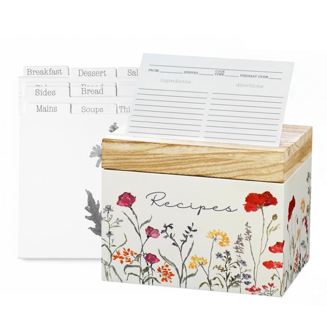 Caja para recetas SENSORY4U de madera con diseño de flores silvestres, tarjetas y separadores