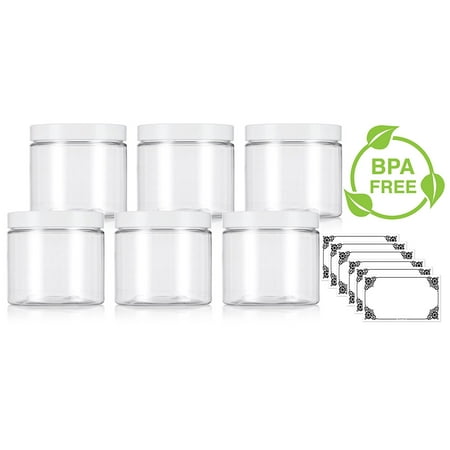 16 Ounce Plastic Lid Clear Large 16 oz PET Plastic (BPA Free) Refillable Jar with White Lids - (6 pack) + Labels ()