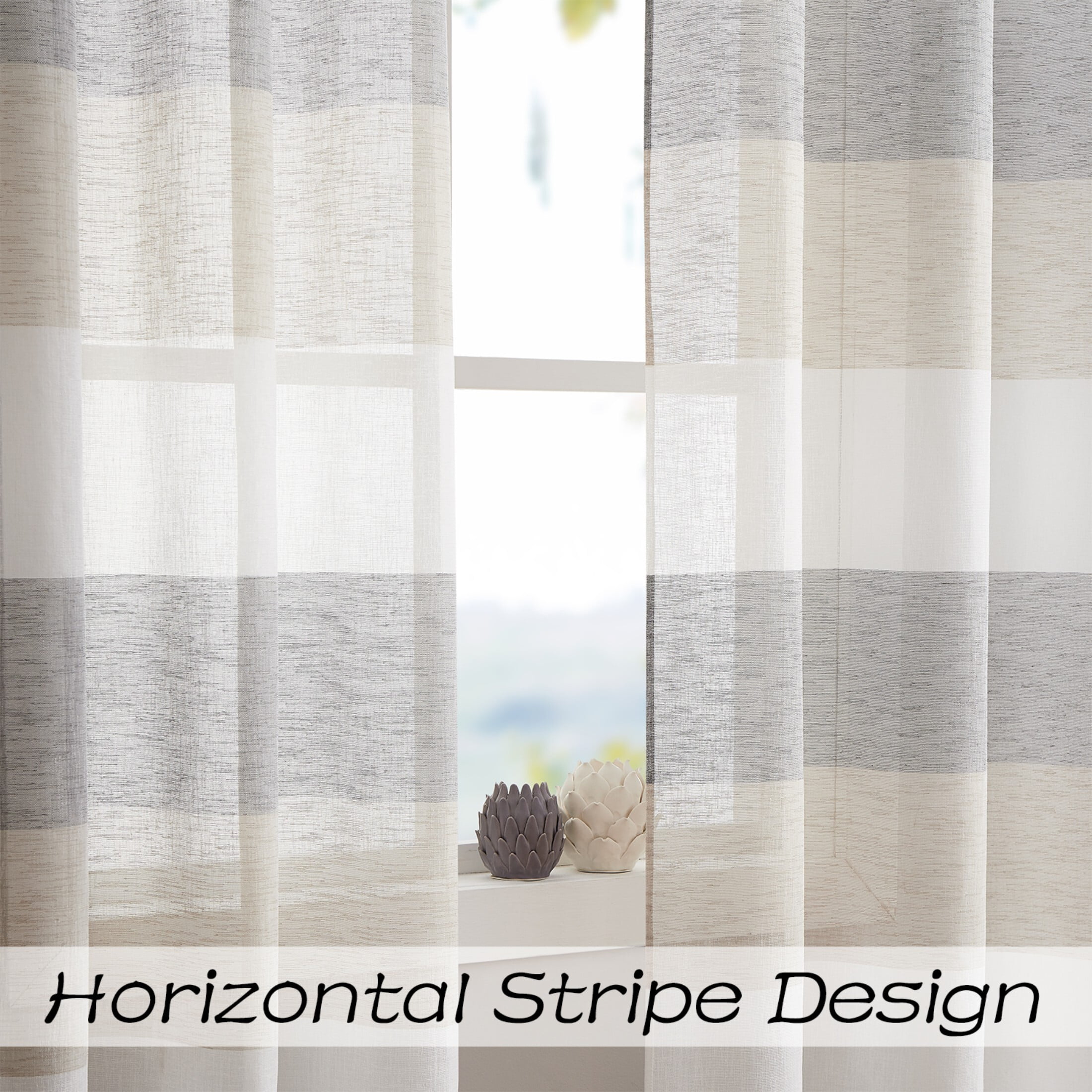 Uptown Home Gray Tan Color Block Grommets Window Sheer Curtain Panel for Bedroom Stripe Window Treatment for Living Room, 40"x95"x2