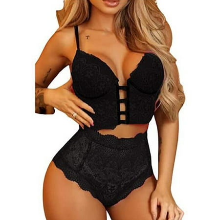 

wybzd Women s Bra and Panty Set Lace Lingerie Sets Strappy Babydoll Bodysuit 2PCS Nightwear Outfits