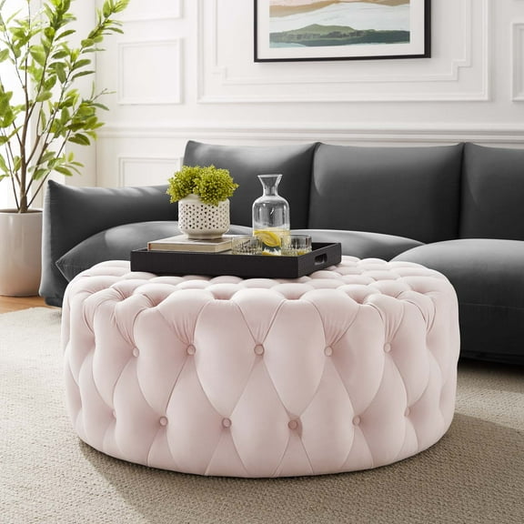 Modway Amour Tufted Button Large Round Performance Velvet Ottoman in Pink