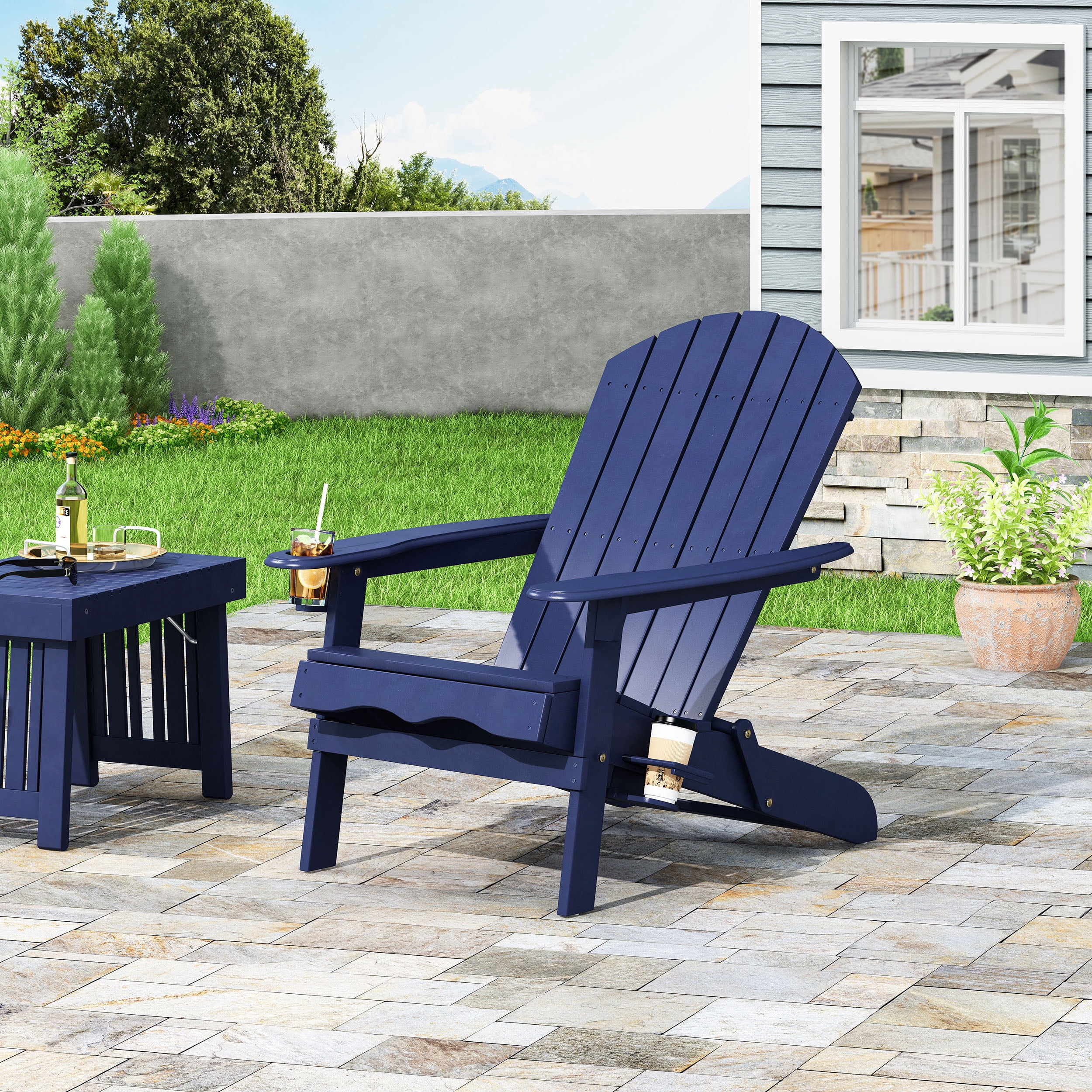 Outdoor Foldable Leisure Lounge Chair, Acacia Wood Casual Rest Chair for Patio Garden, Blue