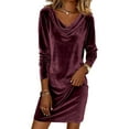 thumbnail image 2 of Velvet Dress for Women Casual Shirt Dresses Elegant Cocktail Long Sleeve Maxi Dress Purple S, 2 of 5