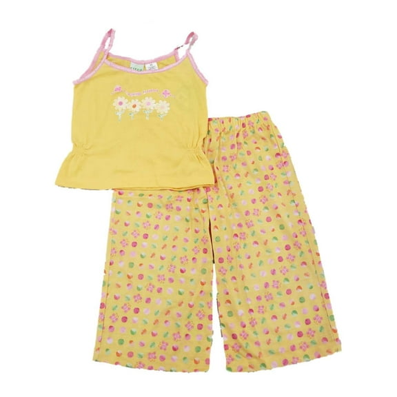Girls Yellow Spring Daisies Pajamas Tank Top & Dotted Pants 2 Pc Sleep Set XS