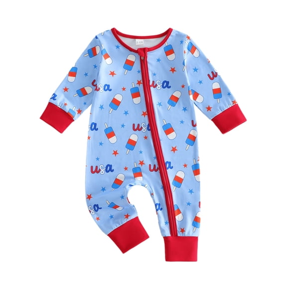 Weebloom Boys Girls Outfits Footless Pajamas 4Th Of July Independence Day Romper Jumpsuit Long Sleeve Full Zip Bodysuit Cute Sleepers Pjs Onesies Clothes Set Blue 9-12 Months