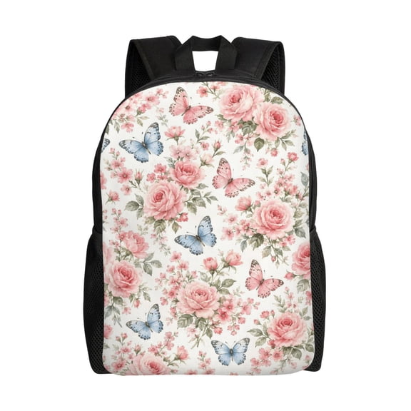 Pink Rose Butterfly Backpack Full Front Print Travel Laptop Bag for Men and Women