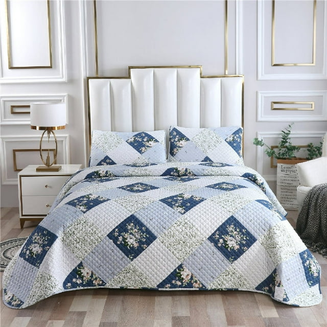 Bohemian Geometric Small Flora Quilt Set Queen (90x90 Inch), 3 Pieces(1 Geometric Boho Quilt and 2 Pillowcases), Bohemian Reversible Bedspread Microfiber Coverlet Sets All-Season