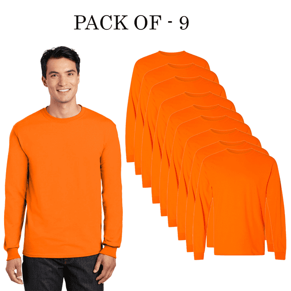 Gildan High Visibility Safety T-shirt for Man | DryBlend Long Sleeve Tee, Hi-Vis Shirt, 50/50 Cotton/Polyester Safety Orange Reflective Clothes shirt Pack-9, Size S