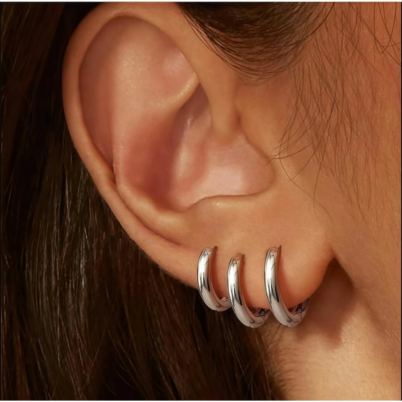 3 Pairs Small Sterling Silver Hoop Earrings Set Fashion Style for Women Lightweight Tiny Huggie Hoops Silver Mini Cartilage Earrings Pack Hypoallergenic Ear Piercing,3X6mm