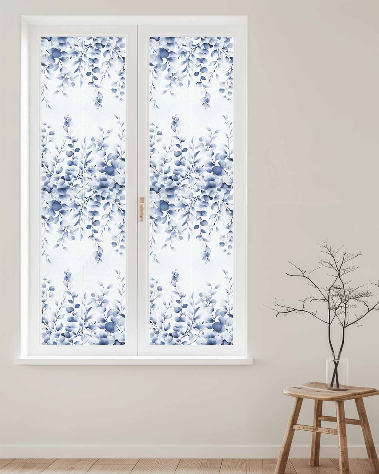 Window Privacy Film Blue Eucalyptus Leaves Stained Glass Window Film Decorative Sun Block Window Cover Watercolor Spring Botanical Window Clings Static Adhesive Sticker for Bathroom 17.7"x78.7"