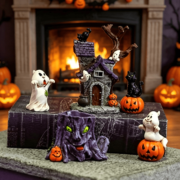 Halloween Decorations Village Set with LED Lights , Lighted Resin Haunted House Figurines with Ghosts, Pumpkins & Black Cats, Spooky Mini Halloween Decor for Table Desk Mantel Party