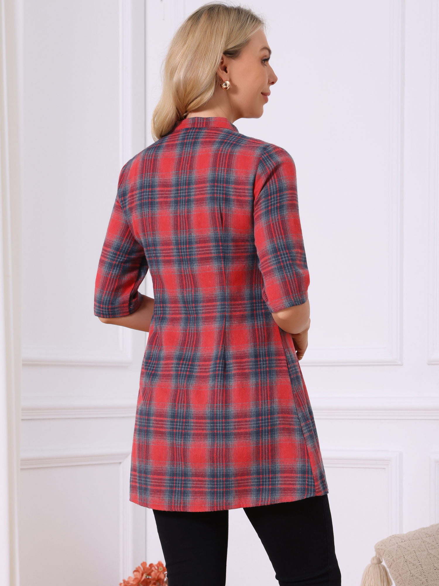 DARING DIVA Women's Check Top V Neck Half Sleeve Casual Tunic Blouse Red M