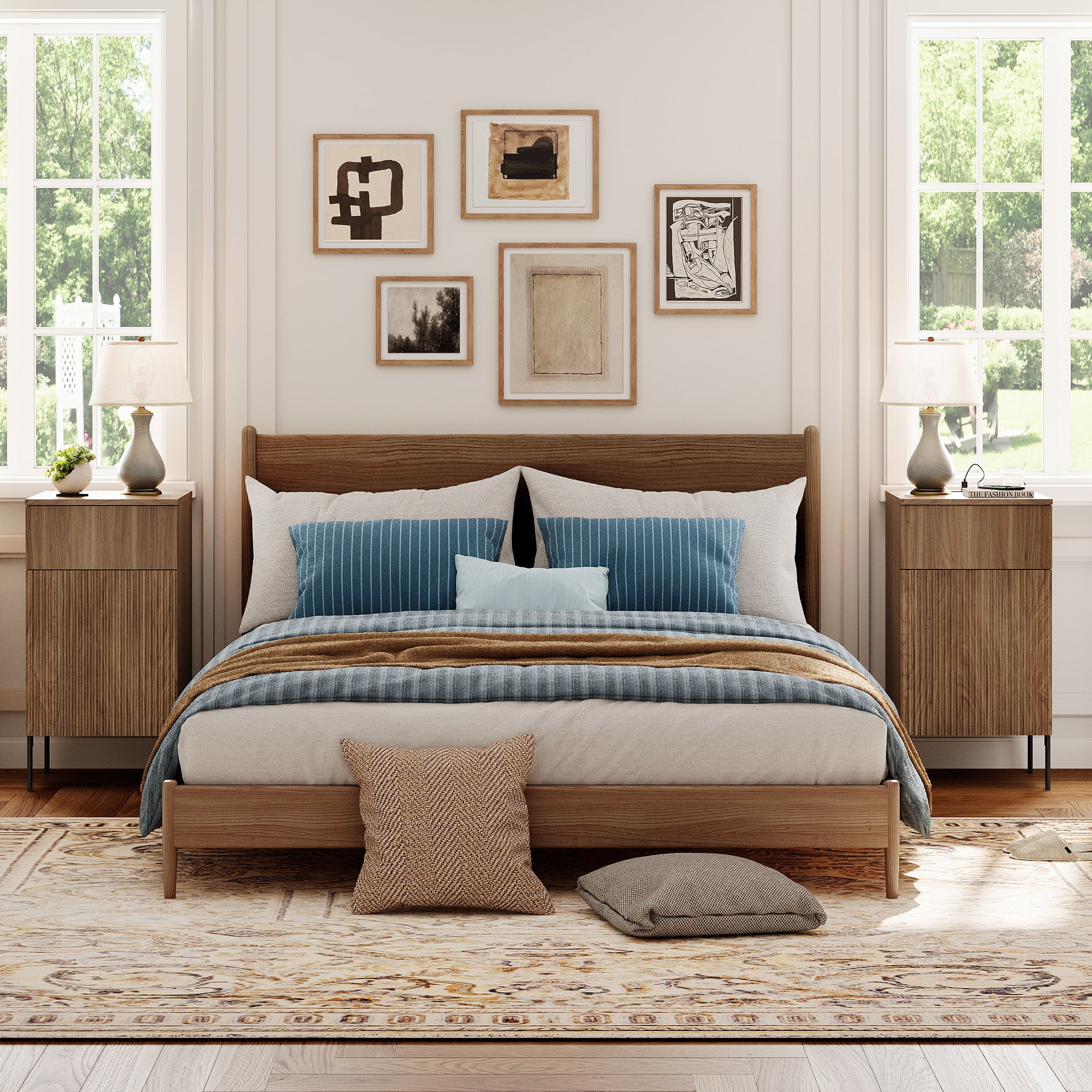 Modern Minimalist Nightstand Set of 2 with Built-In Outlets, Reed Pattern Design
