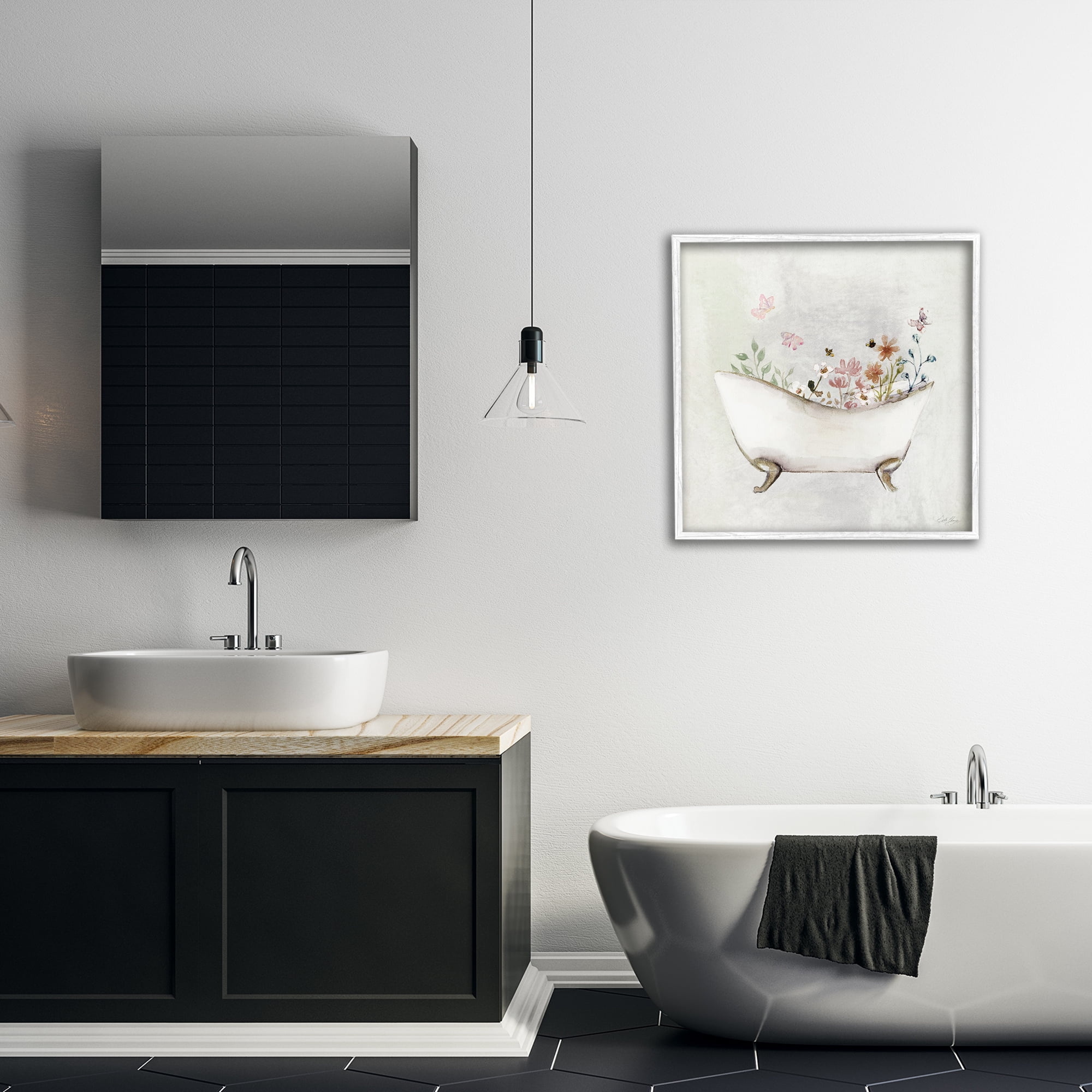 Stupell Industries Butterfly Floral Bath Typography Painting White Framed Art Print Wall Art, 24 x 24