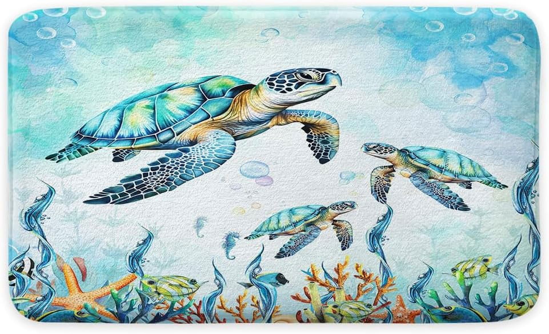 Watercolor Sea Turtle Blue Bathroom Rugs, Nautical Marine Animals Underwater Sea World Bath Rugs, Cute Bath Mats for Bathroom Shower Floor Decor, 19X31in