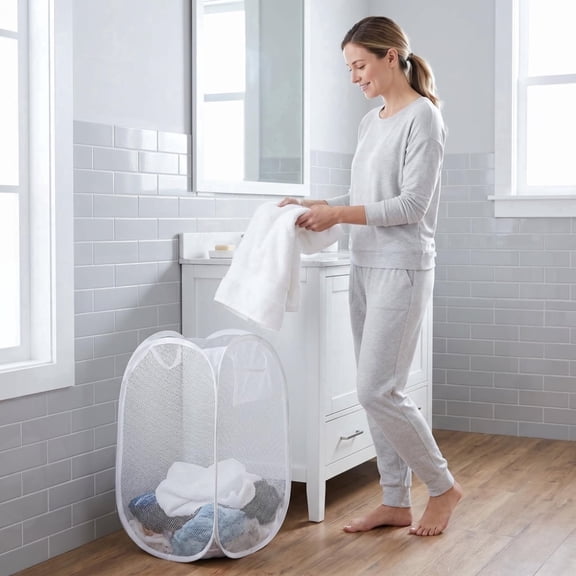 3‑Pack Pop‑Up Mesh Laundry Hamper, Foldable White Collapsible Laundry Basket, Breathable Mesh Storage Bin 22.8 x 11.8 x 11.8 Inch for Bedroom Bathroom Dorm Home