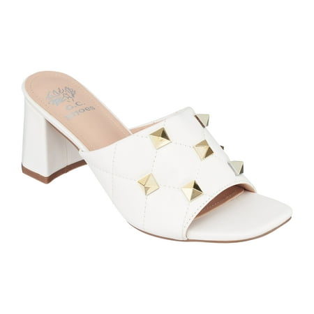

GC Shoes Womens Block Heeled Sandals Open Toe Fashion Heels Slip On Studded Strap High Heel Dress Slides Alexis/White/9