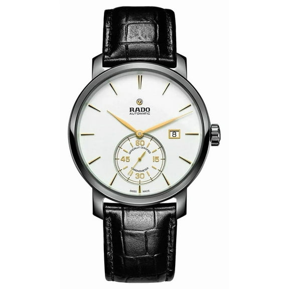 Rado DiaMaster Petite Seconde Automatic COSC Ceramic & Titanium White Dial Black Leather Strap Date Mens Watch R14053016
