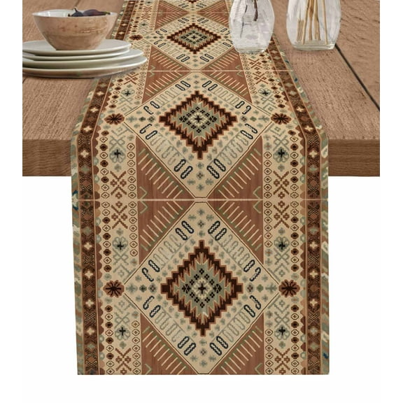 Vintage Geometric Burlap Cotton Table Runner 13x70 Inches Long, Southwest Ethnic Modern Farmhouse Table Runners, Outdoor Dining Tablecloths Decor for Baby Shower/Party/Wedding