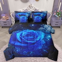 Homewish Chic Glitter Print 7-Piece Twin Bedding Sets,Romantic Blue Rose Bedding Comforter Set,Valentine'S Day Floral Sheet Sets For Adults,Ultra Soft Home Decor Reversible