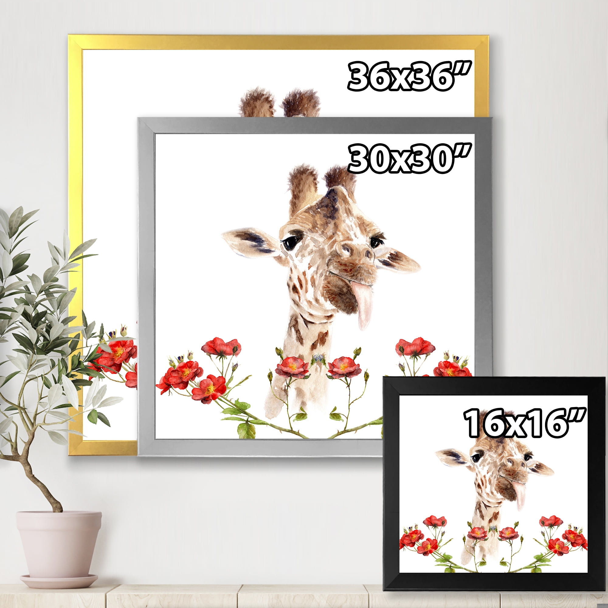 Designart 'Portrait of A Giraffe With Red Flowers I' Farmhouse Framed Art Print