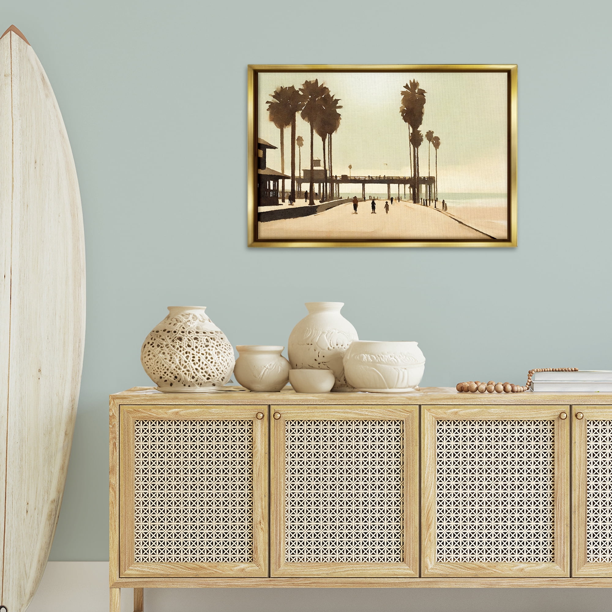 Stupell Industries Tropical Beach Walkway Landscape & Nature Painting Gold Floater Framed Canvas Art Print Wall Art, 31 x 21