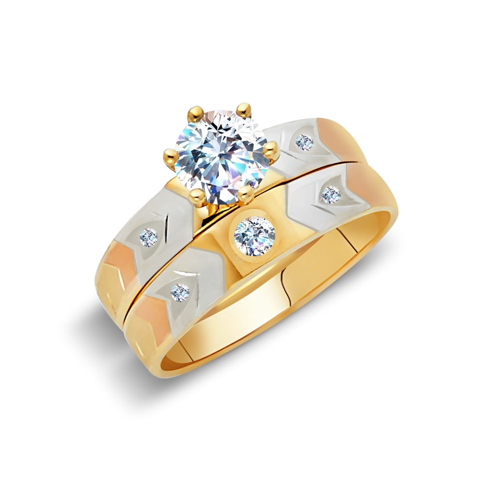 Ioka 14K Solid Gold 4MM Tri Color gold CZ Mens Wedding Band