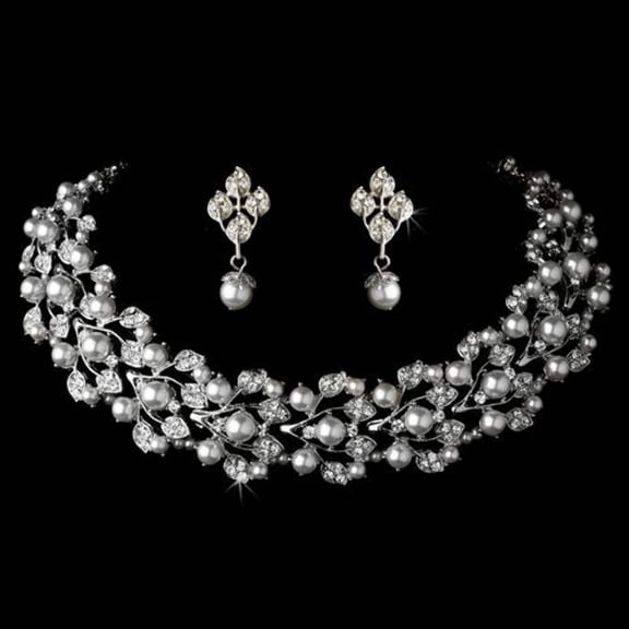 Bridal Wedding Crystal Pearl Necklace  Earrings Set
