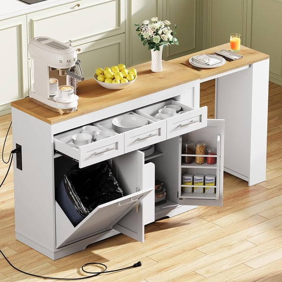 Concho 70" Extendable Kitchen Island with Dining Table - Rolling Cart on Wheels with Trash Can Storage, Power Outlet & Spice Rack, White