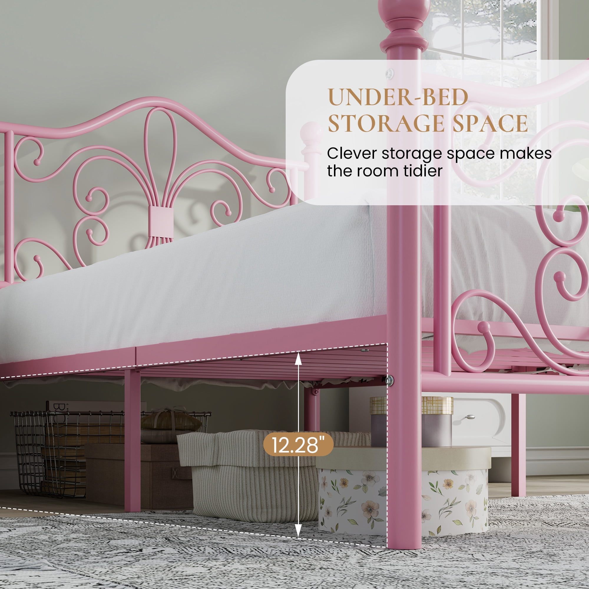 Sha Cerlin Twin Size Metal Platform Bed Frame with Victorian Vintage Butterfly Headboard&Footboard, Pink