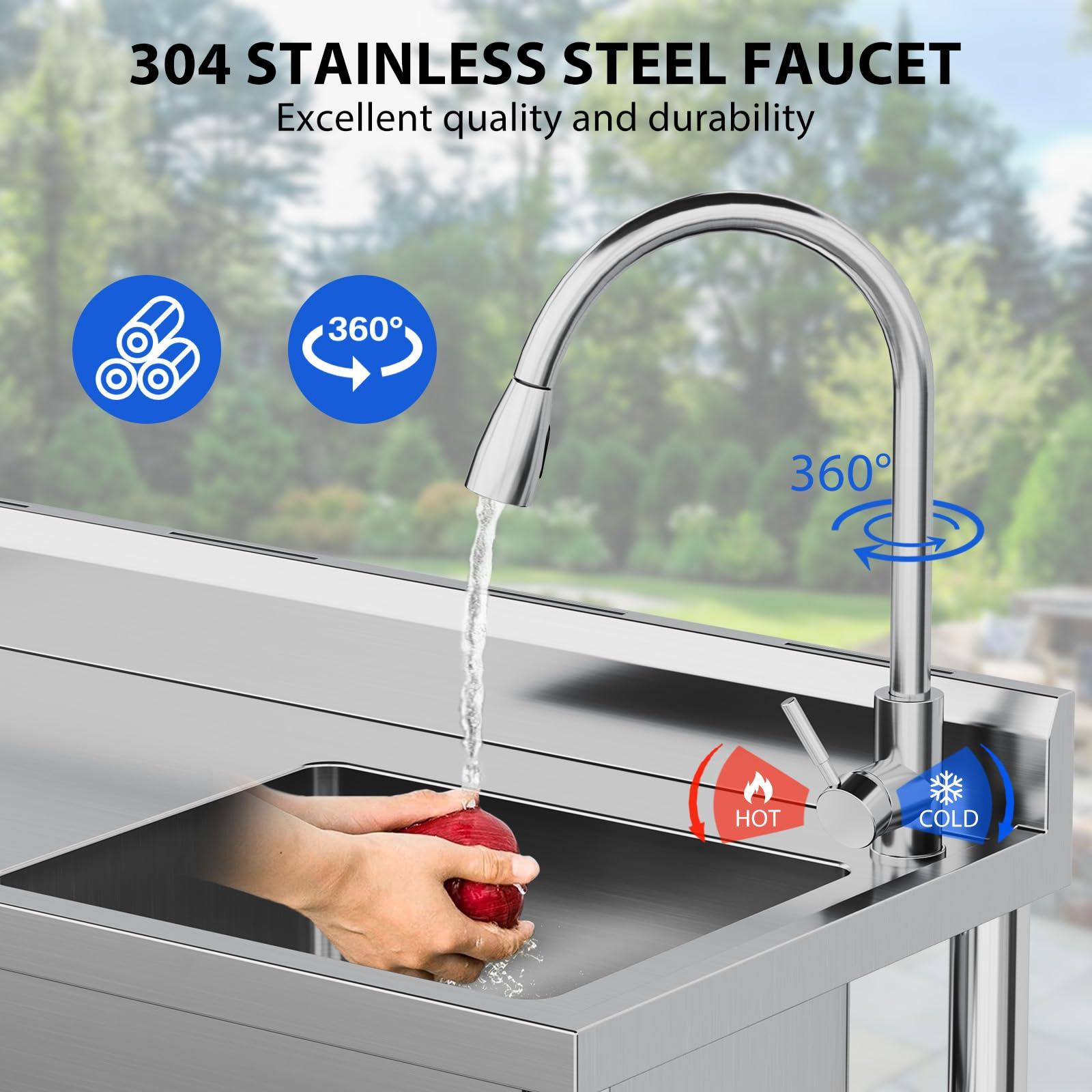 TEQIN Stainless Steel Utility Sink, Free Standing Single Bowl Commercial Kitchen Sink with Faucet, Utility Basin Workbench with Water Pipe for Garage Restaurant Laundry Bathroom