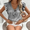 thumbnail image 5 of Charella Women's Fashion Blouses Striped Tie Front Button down Shirts Ruffle Short Sleeve Tops Summer Casual Clothes (L, Black), 5 of 7
