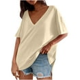 thumbnail image 2 of HOMBOM Beige Tops for Women Casual Drop-Shoulder Solid Slit Hem Short Sleeve V Neck Blouse 2XL, 2 of 6