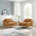 thumbnail image 2 of Armchair Accent Chair, Set of 2, Leather, Steel, Tan, Modern Contemporary Urban Design, Living Lounge Room Hotel Lobby Hospitality, 2 of 4