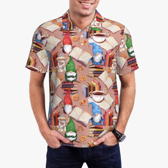 Balery Gnomes Books Tea Cups Camisa Polo de Hombre con Estampado, de Manga Corta y Tejido Medio, Camisa Tipo Golf Polo-3X-Large