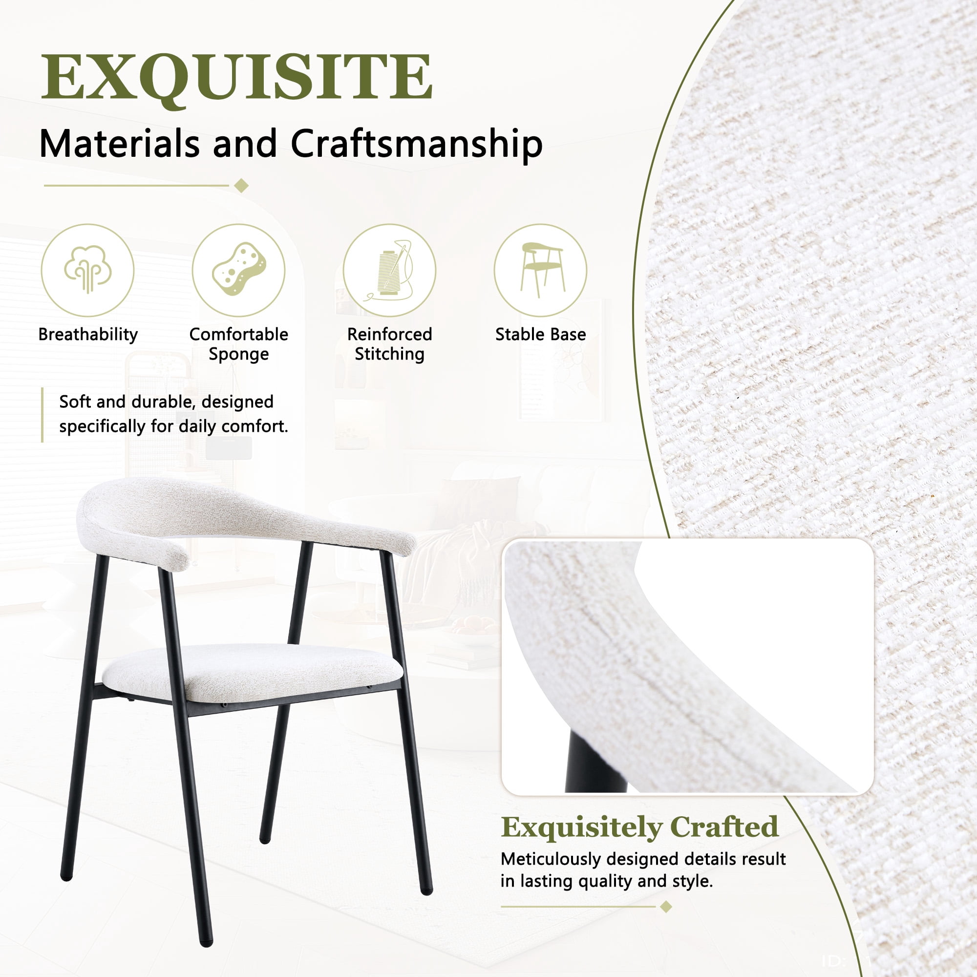Leumius Dining Chairs Set of 4,Sofa Fabric Dining Room Chairs with Cushion Seat and Metal Legs,Modern Minimalist Style Kitchen Chairs for Kitchen Living Room,Easy Assembly,White Fabric