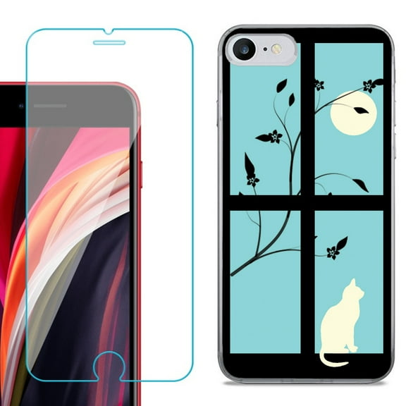 Slim-Fit Fashion Gel Phone Case for iPhone SE 2022, with Tempered Glass Screen Protector, by OneToughShield ® - Moon/Cat