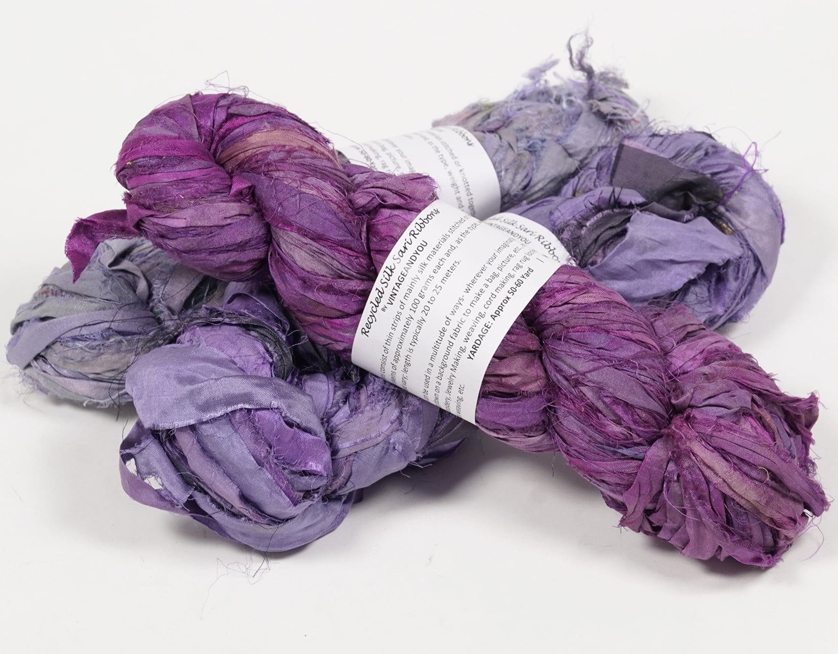 Vintageandyou Recycled Sari Silk Ribbon Yarn - 300g Pack | Upcycled Silk Strips for Crochet, Weaving, Macram, Knitting & Fiber Crafts | Handmade Purple