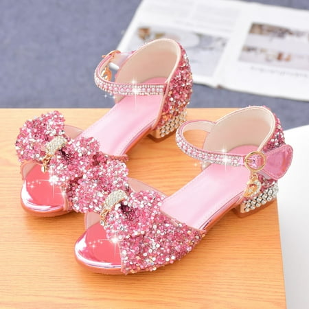 

CHAOLEI Little Kids Girls Dress Pumps Glitter Sequins Princess Low Heels Mary Jane Party Dance Shoes Rhinestone Sandals -Pink 11.5-12 Years