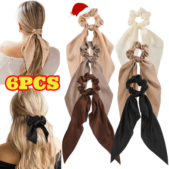 6pcs Bow Silk Scrunchies, Cute Hair Ties with Bows, Elastic Hair Scrunchies for Women