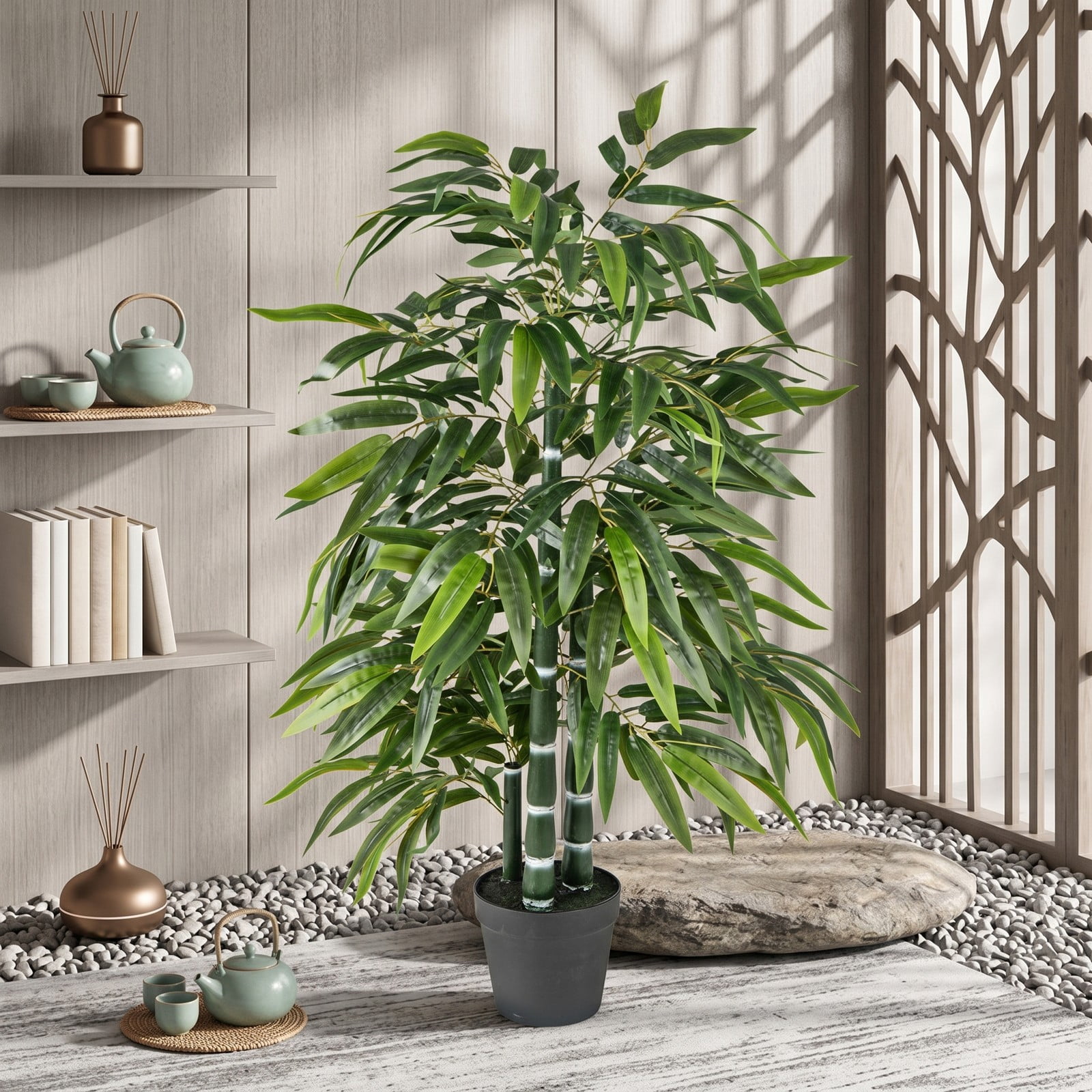 ALPULON 2 Pack Artificial Bamboo Tree 50 Inch Fake Bamboo Plant with 3 PE Trunks and Weighted Cement Base for Indoor Home Office Floor Decor, Green