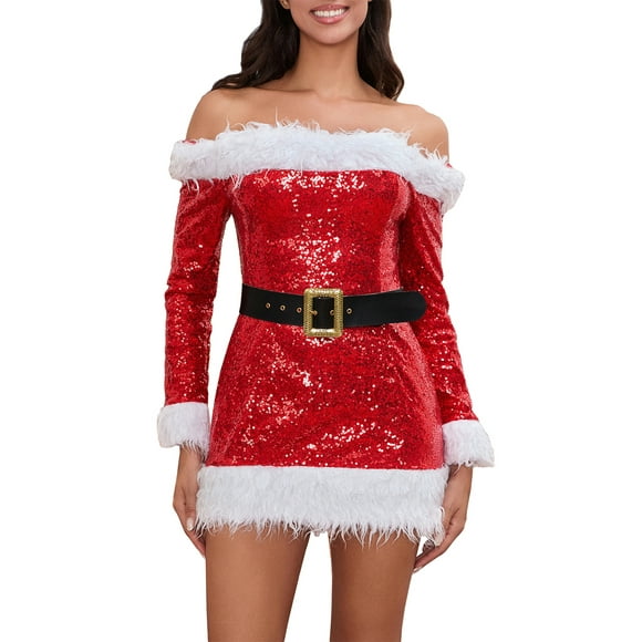 Gupgi Women Christmas Santa Dress Deluxe Mrs. Claus Dress Off Shoulder Long Sleeve Sequins Bodycon Mini Dress
