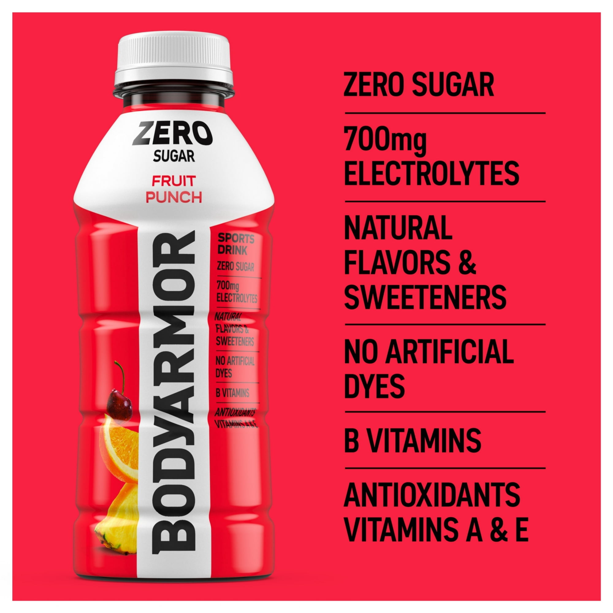 BODYARMOR Zero Sugar Fruit Punch Electrolyte Sports Drink, 16 fl oz, 4 Pack Bottles